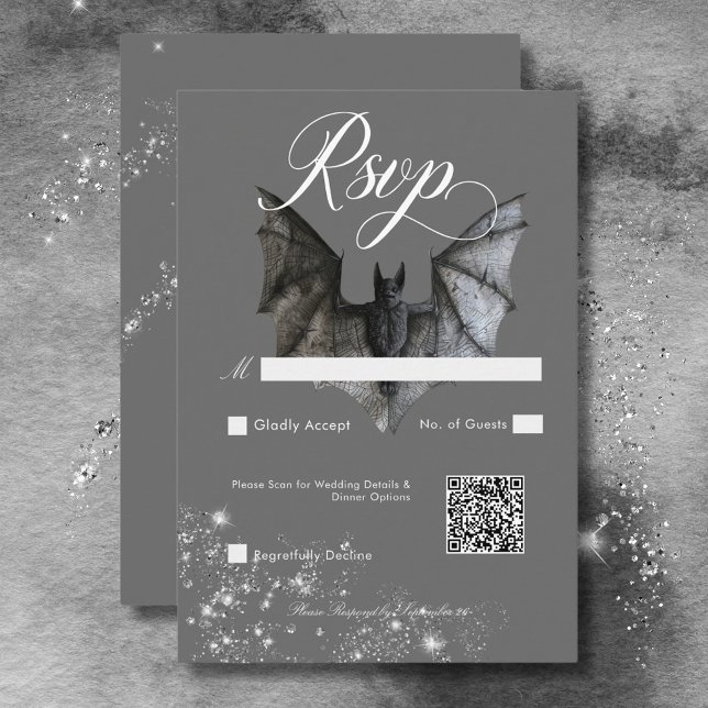 Dunkler Halloween Glam Bat & Diamonds Hochzeitssti RSVP Karte (Dark Halloween Glam Bat & Diamonds Wedding QR Code RSVP Card)