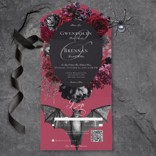 Dunkler Halloween Glam Blumen Rot Hochzeit QR-Code All In One Einladung