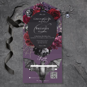 Dunkler Halloween-Glamour-Blumenlila-Hochzeits-QR- All In One Einladung