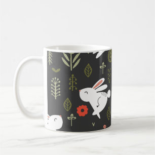 Dunkler Hintergrund, weiße Kaninchen, blumengeschm Kaffeetasse