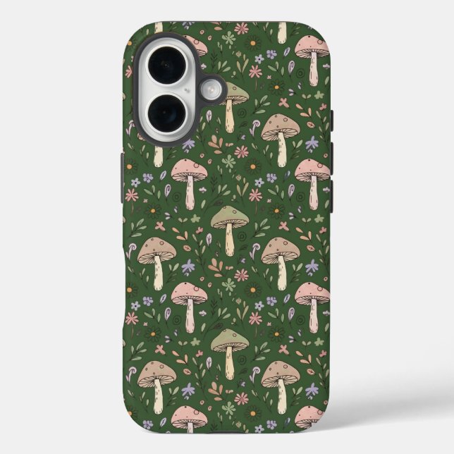 Dunkler Jäger Grün Fungi Nahtloser Forestcore iPhone 16 Hülle (Rückseite)