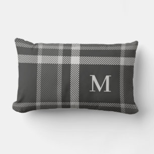 Dunkler Kohlengrauer Tartan Kariert mit Monogramm Lendenkissen