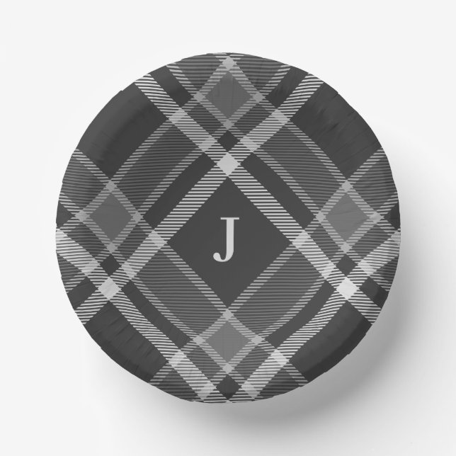 Dunkler Kohlengrauer Tartan Kariert mit Monogramm Pappteller (Vorderseite)