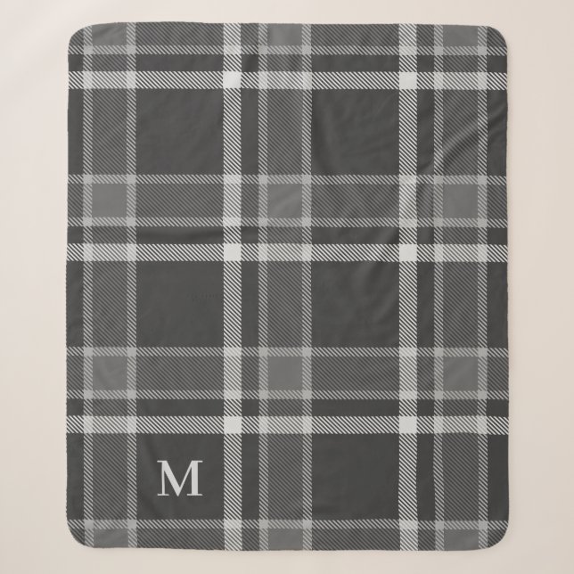 Dunkler Kohlengrauer Tartan Kariert mit Monogramm Sherpadecke (Vorderseite)
