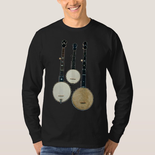 Dunkler langer T - Shirt die Hülse 3 Banjo-Männer (Vorderseite)