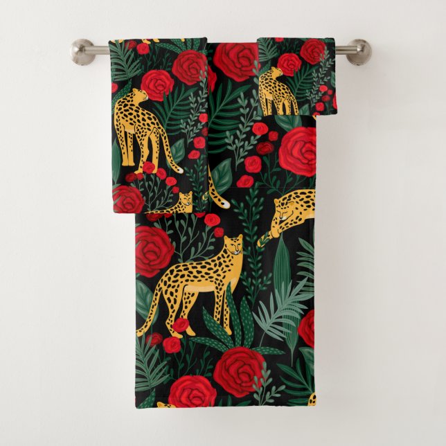 Dunkler Leopard-Dschungel mit Rose Badhandtuch Set (Insitu)