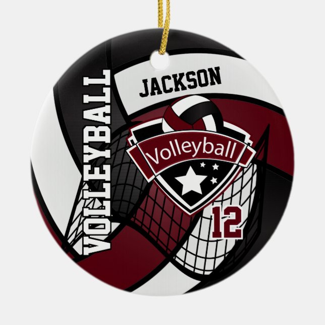 Dunkler Maroon, Weiß und Schwarz-Logo-Volleyball Keramik Ornament (Vorne)