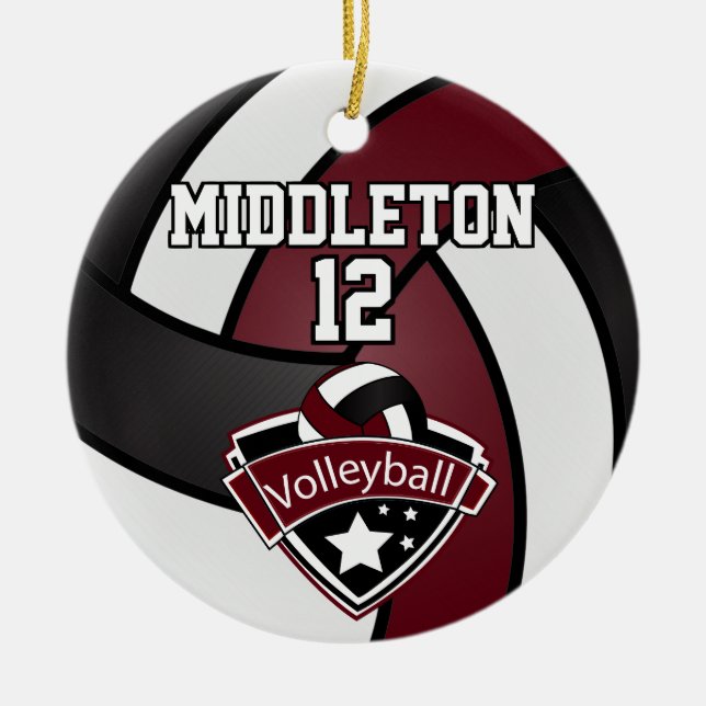 Dunkler Maroon, Weiß und Schwarzer Volleyball Keramik Ornament (Vorne)