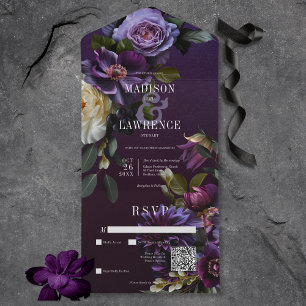 Dunkler, melancholischer lila und weißer Blumen-QR All In One Einladung