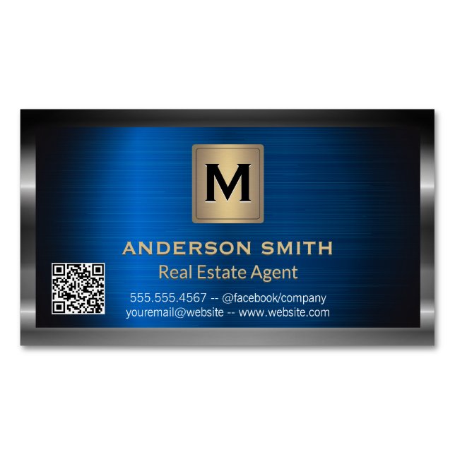 Dunkler Metallrahmen | Blue Metallic | QR-Etikett Magnetische Visitenkarte (Vorderseite)