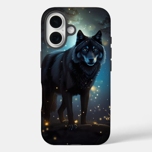 Dunkler Mysteriöser Schwarzer Wolf iPhone 16 Hülle (Rückseite)