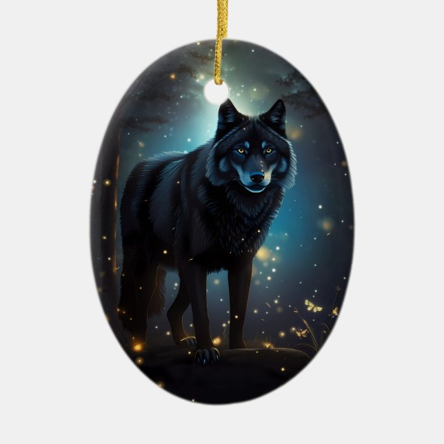 Dunkler Mysteriöser Schwarzer Wolf Keramik Ornament (Vorne)