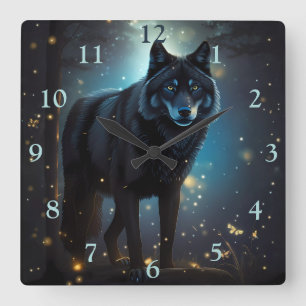 Dunkler Mysteriöser Schwarzer Wolf Quadratische Wanduhr