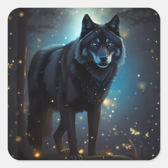 Dunkler Mysteriöser Schwarzer Wolf Quadratischer Aufkleber (Vorderseite)