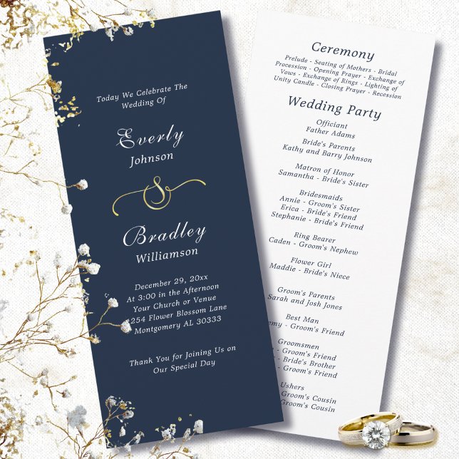 Dunkler Navy-Hintergrund Elegante Minimal-Hochzeit Programm (Von Creator hochgeladen)