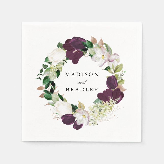 Dunkler Plum floral | Personalisierte Hochzeit Serviette (Vorderseite)