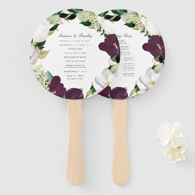 Dunkler Plum floral | Personalisiertes Hochzeitspr Fächer (Vorne und Hinten)