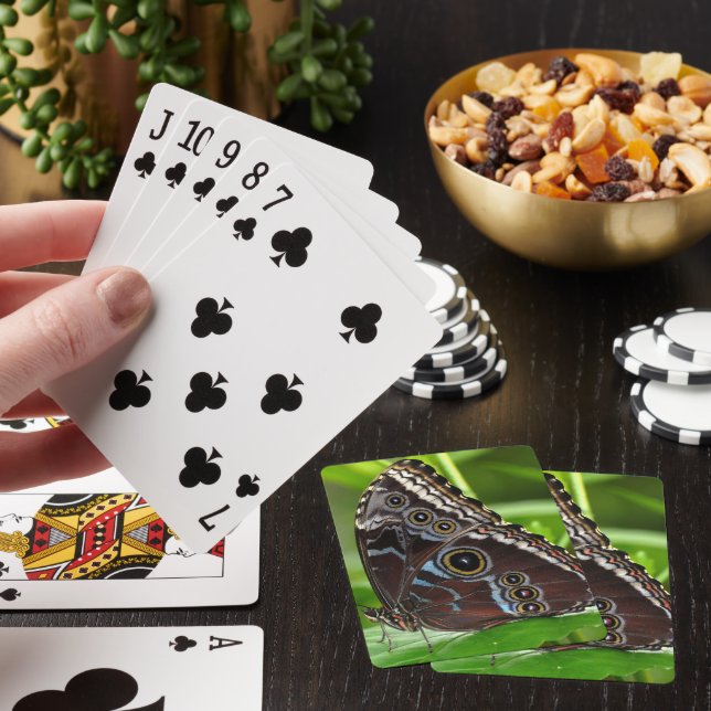 Dunkler Schmetterling sitzt auf der Linke Spielkarten (In Situ)