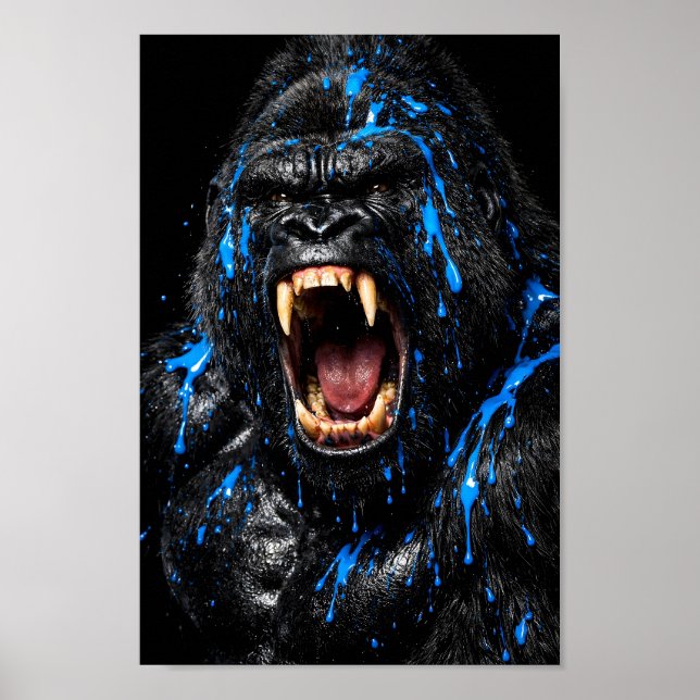 Dunkler schwarzer brüllender Gorilla blaue Farbspr Poster (Vorne)