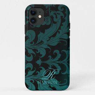 Dunkler Teal-Vintage-Damast-Monogramm-Handyhülle title_seo2