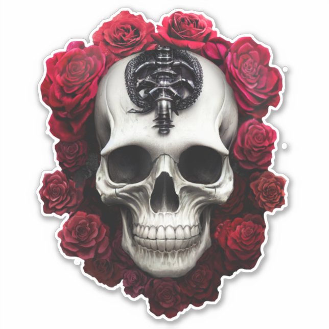 Dunkler und gotischer Schädel und Rose Vinyl Stick Aufkleber (Vorderseite)