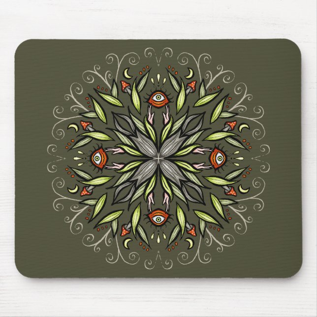 Dunkler Waldgrüner Goblincore-Pilzaugen-Trip Mousepad (Vorne)
