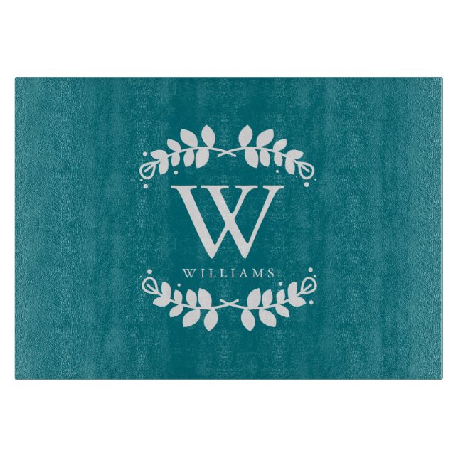 Dunkles aquamarines Familien-Monogramm Schneidebrett (Vorderseite)