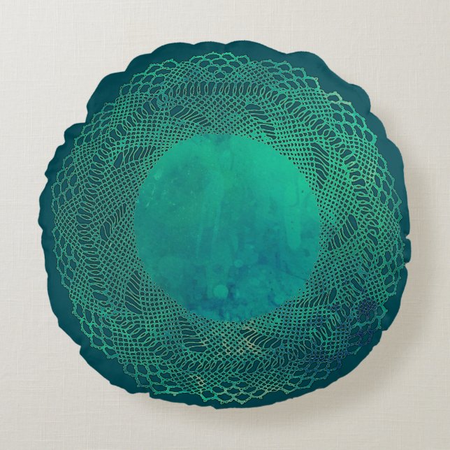 Dunkles aquamarines Häkelarbeit-Spitzedoily-Kissen Rundes Kissen (Vorderseite)