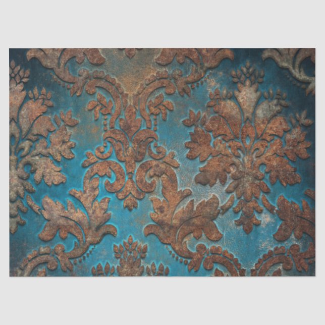Dunkles Aquamarines und Patina Damask Dekoupage Ti Seidenpapier (Vorderseite)