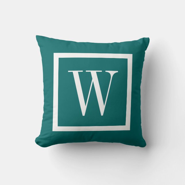 Dunkles Aquamarines und weißes Preppy-Square Monog Kissen (Vorderseite)