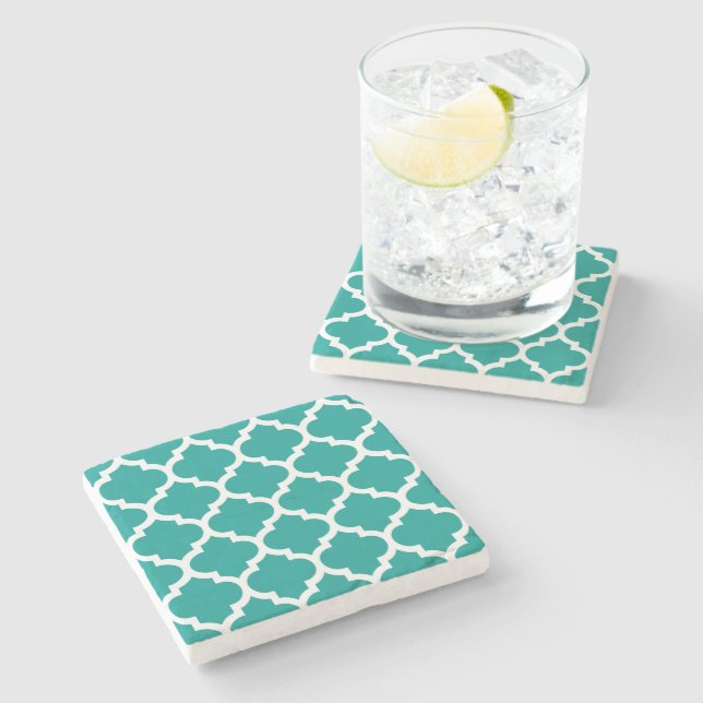Dunkles Aquamarines weißes marokkanisches Quatrefo Steinuntersetzer (Seitenansicht)