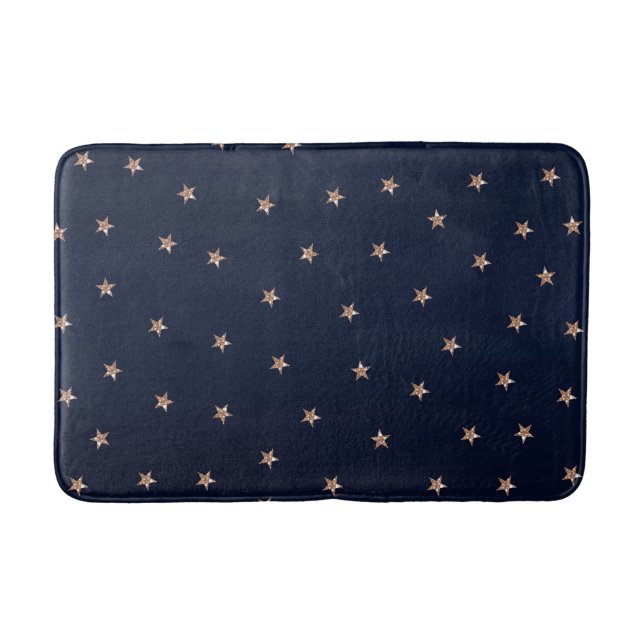 Dunkles Blau & Rose Gold Pink Glittery Sterne Star Badematte (Vorderseite)
