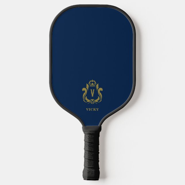 Dunkles blaues Wappen V Monogramm Pickleball Schläger (Rückseite)