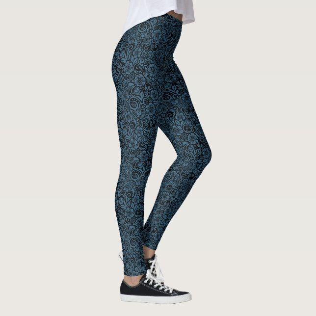 Dunkles Blumenmuster Blau und Schwarze Leggings (Rechts)