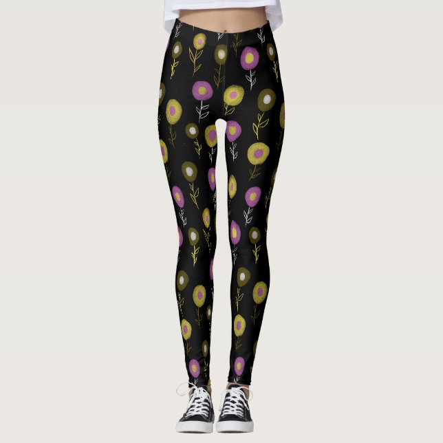Dunkles Blumenmuster - Gelbrosa runde Blume Leggings (Vorderseite)