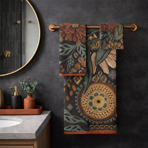 Dunkles Boho-Terrakotta-Sage-Botanikmuster Badhandtuch Set