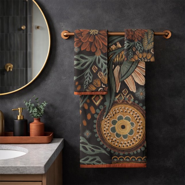 Dunkles Boho-Terrakotta-Sage-Botanikmuster Badhandtuch Set (Von Creator hochgeladen)