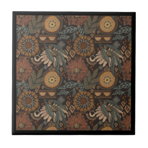Dunkles Boho-Terrakotta-Sage-Botanikmuster Fliese