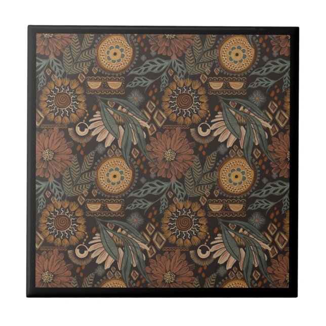 Dunkles Boho-Terrakotta-Sage-Botanikmuster Fliese (Vorderseite)