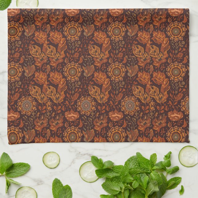 Dunkles Boho-Terrakotta-Sage-Botanikmuster  Geschirrtuch (Gefaltet)