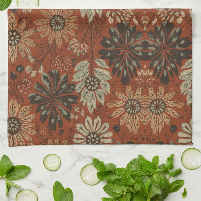 Dunkles Boho-Terrakotta-Sage-Botanikmuster  Geschirrtuch (Gefaltet)