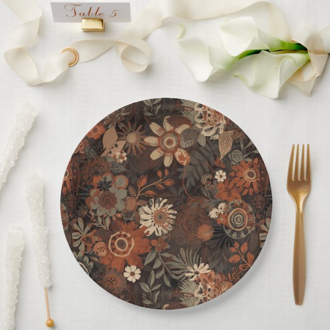 Dunkles Boho-Terrakotta-Sage-Botanikmuster  Pappteller (Hochzeit)