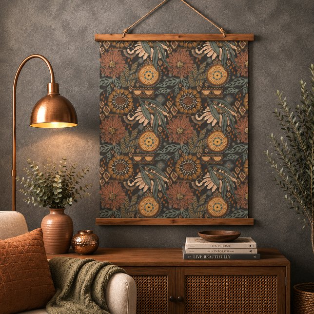 Dunkles Boho-Terrakotta-Sage Wandteppich Mit Holzrahmen (Von Creator hochgeladen)