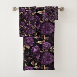 Dunkles botanisches gotisches Violett- und Goldmus Badhandtuch Set