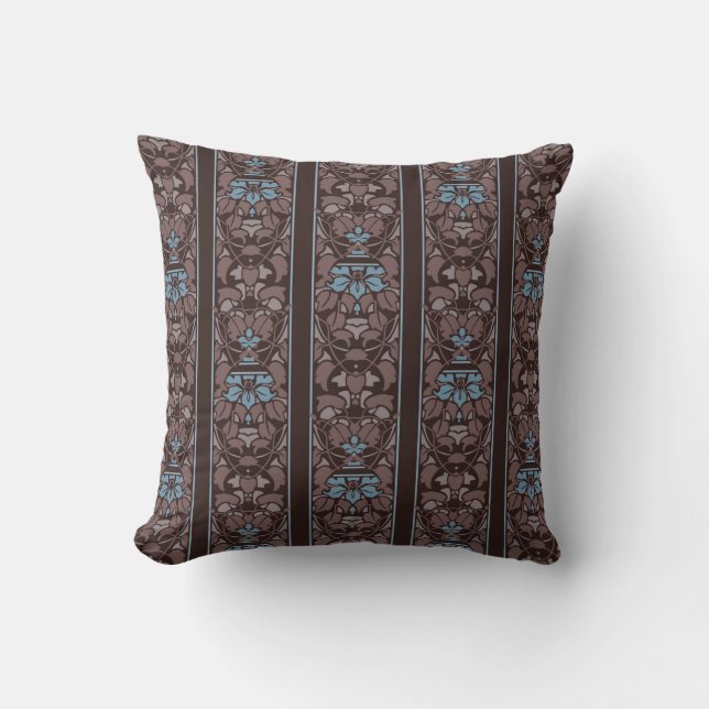 Dunkles Braun mit blauem Blumenstreifen Kissen (Vorderseite)