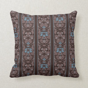 Dunkles Braun mit blauem Blumenstreifen Kissen