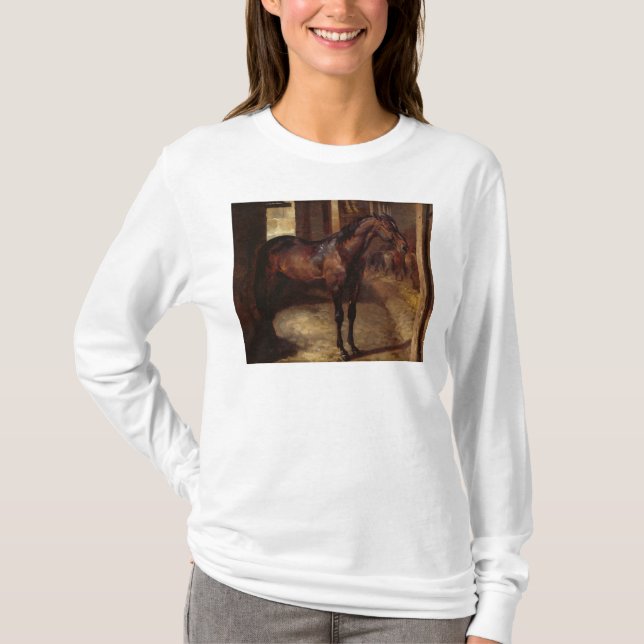 Dunkles Bucht-Pferd im Stall T-Shirt (Vorderseite)