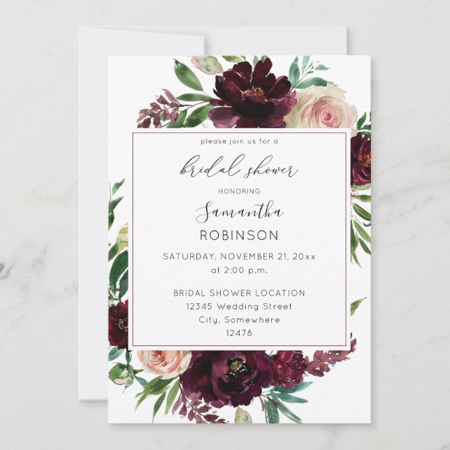 Dunkles Burgund & Blush Pink Brautparty SQ Einladung (Vorderseite)