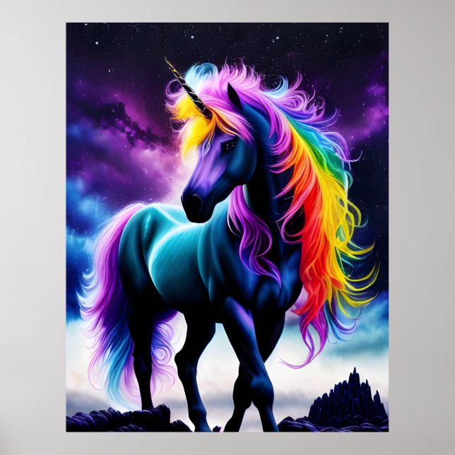 Dunkles Einhorn mit Regenbogenmane Poster (Vorne)
