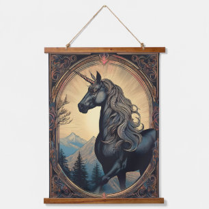 Dunkles Einhorn Nouveau Wandteppich Mit Holzrahmen